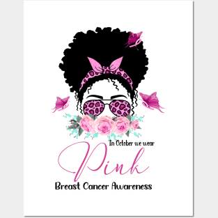 Pink Ribbon Breast Cancer Awareness Messy Bun Black Women Posters and Art